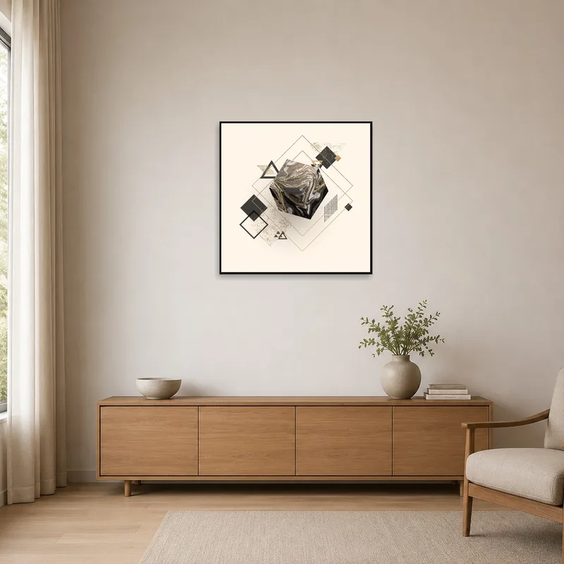 Gold-accented geometric art on a sleek white wall.