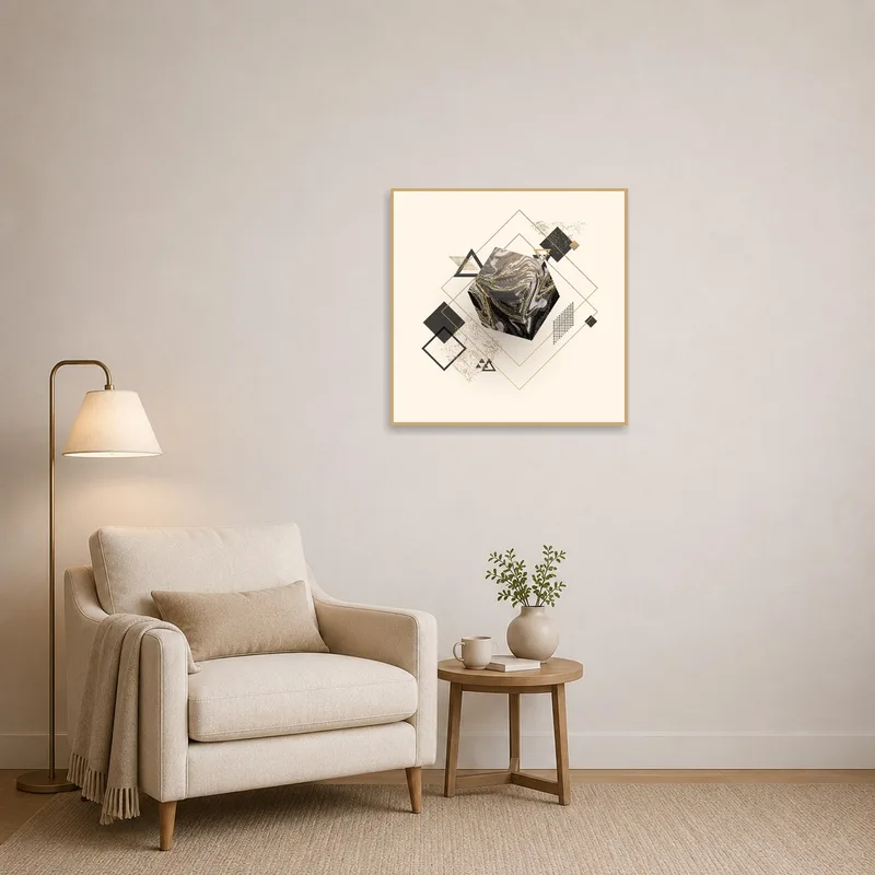 Elegant abstract cube art accentuating a cozy reading nook.
