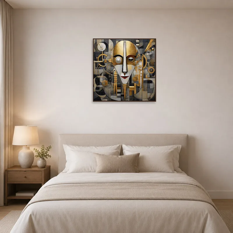 Bedroom wall adorned with an abstract geometric face art piece in gold and gray.