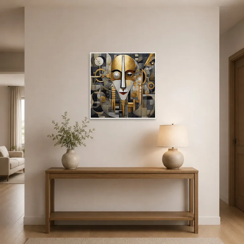 Entrance hall displaying a geometric abstract face artwork in gold and gray hues.
