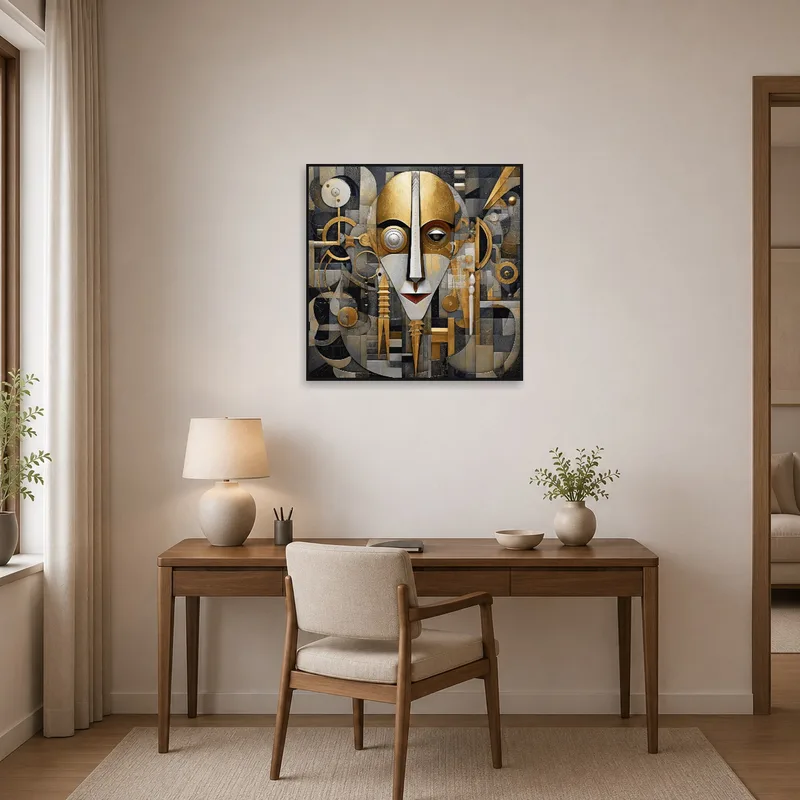 Home office setting with a geometric abstract face artwork in gold and gray displayed.