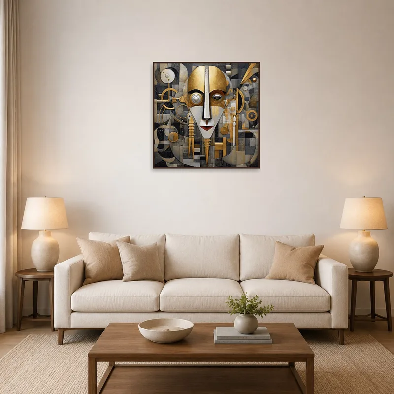 Geometric abstract face art in gold and gray above a modern living room sofa.