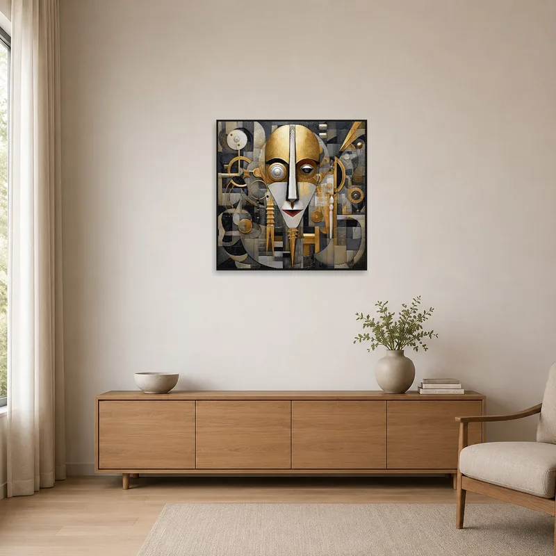 Minimalist room with gold and gray geometric abstract face art on the wall.
