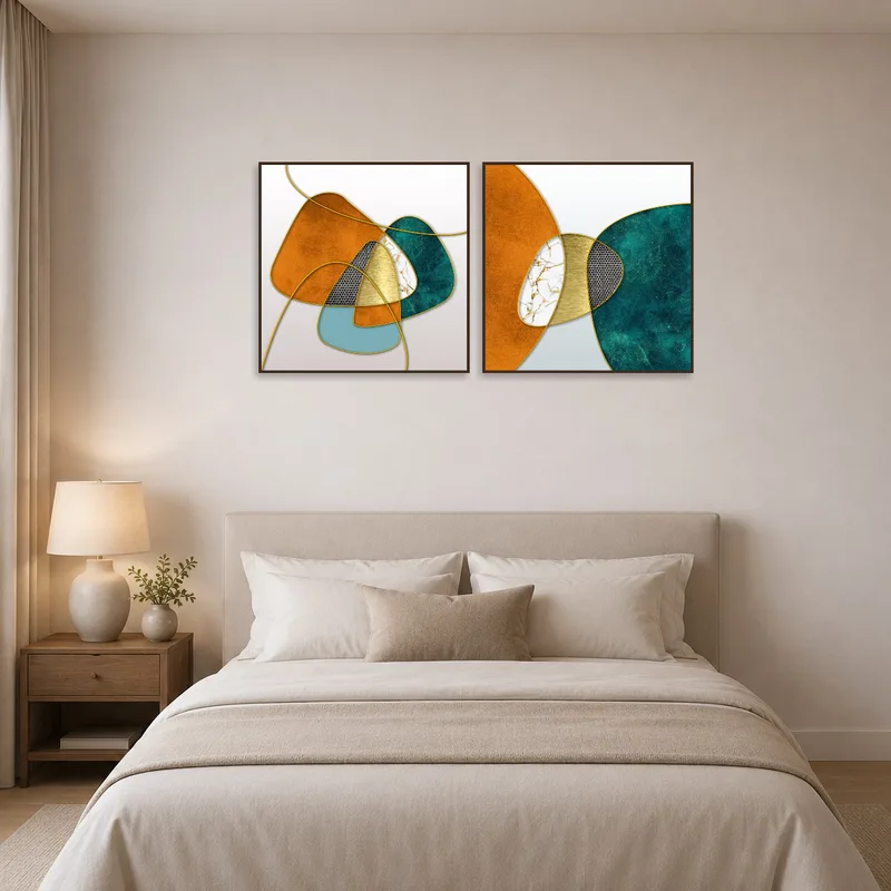 Serene bedroom wall featuring a set of earthy and teal geometric abstract art.