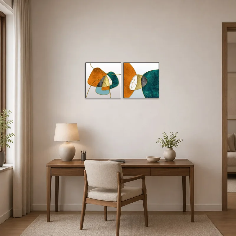 Geometric abstract set in earthy and teal tones complements a stylish home office.