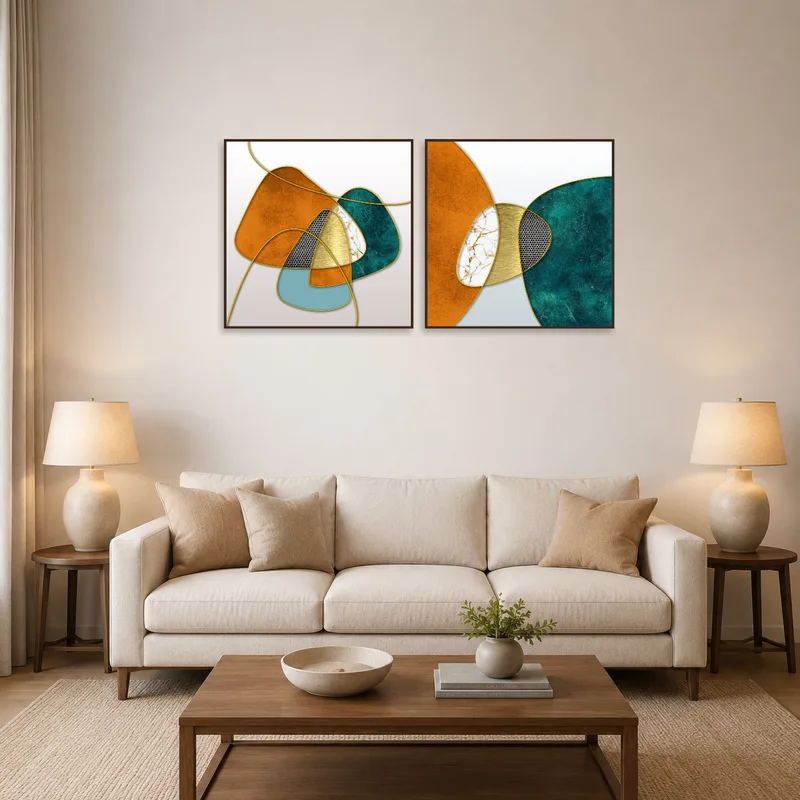 Geometric abstract set in earthy and teal tones enhances a cozy living room wall.