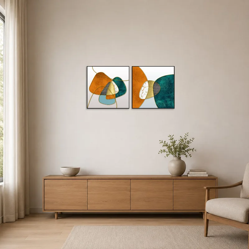 Earthy and teal geometric abstract set adds subtle interest to a minimalist room.