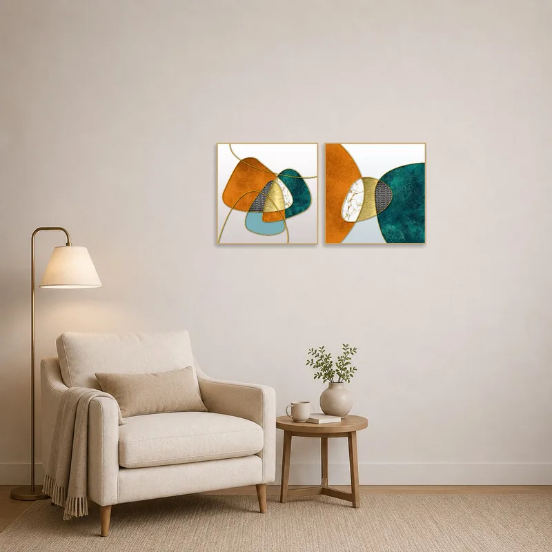 Geometric abstract set in earthy and teal tones creates a calming reading corner.