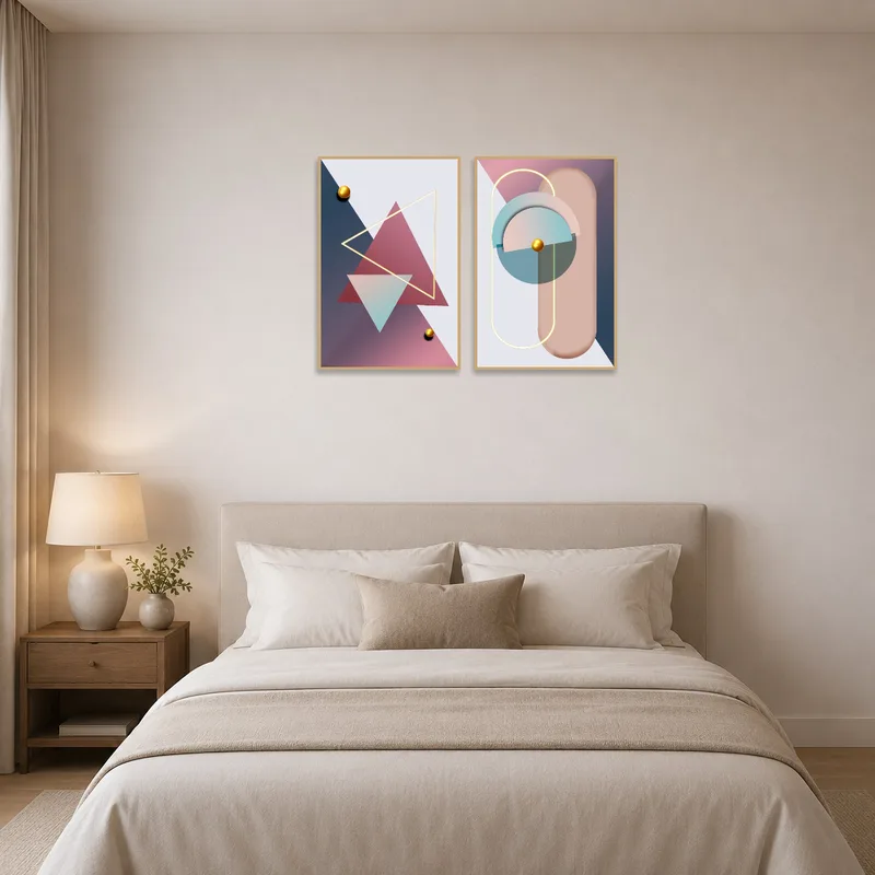 Bold colored geometric abstract art creates a focal point in a bedroom.