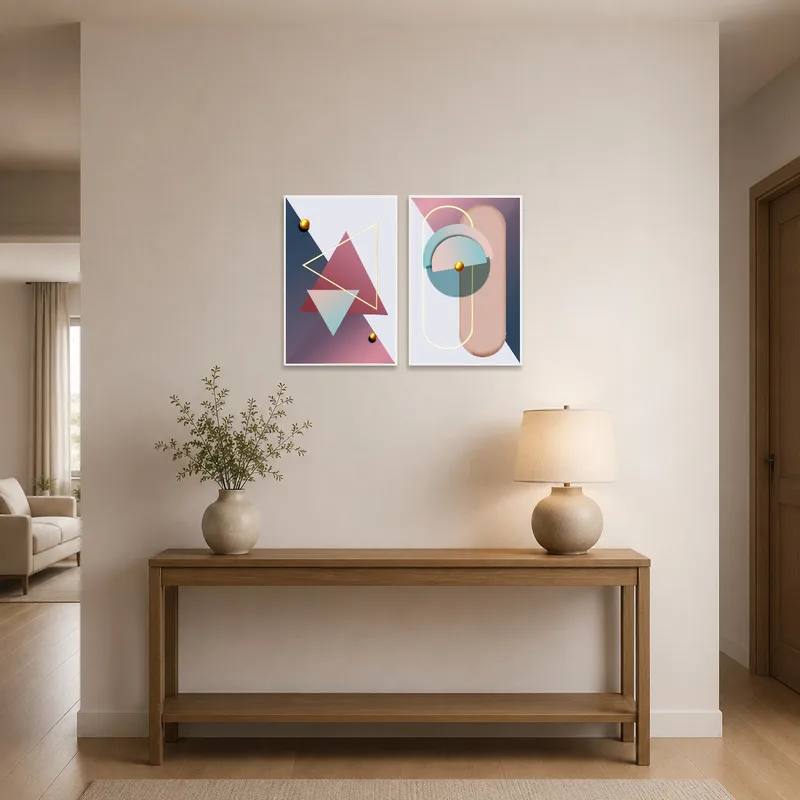 A striking geometric abstract piece adds vibrancy to an entrance hall.