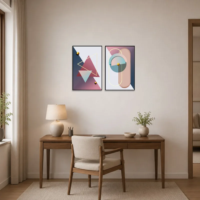 Geometric abstract with bold colors energizes a modern home office.
