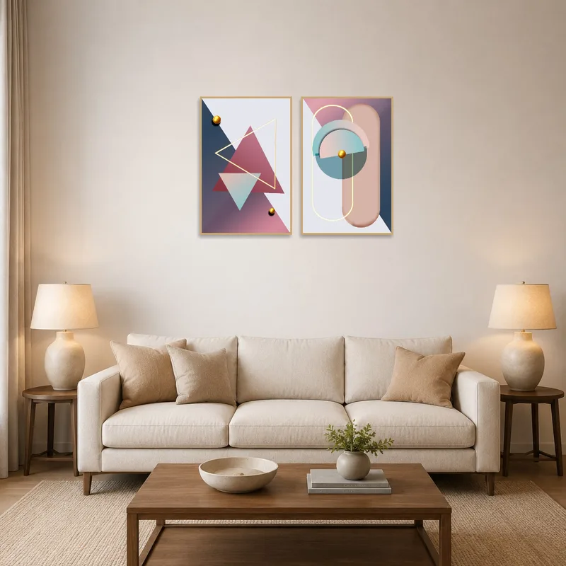 Geometric abstract art with bold colors in a stylish living room setting.