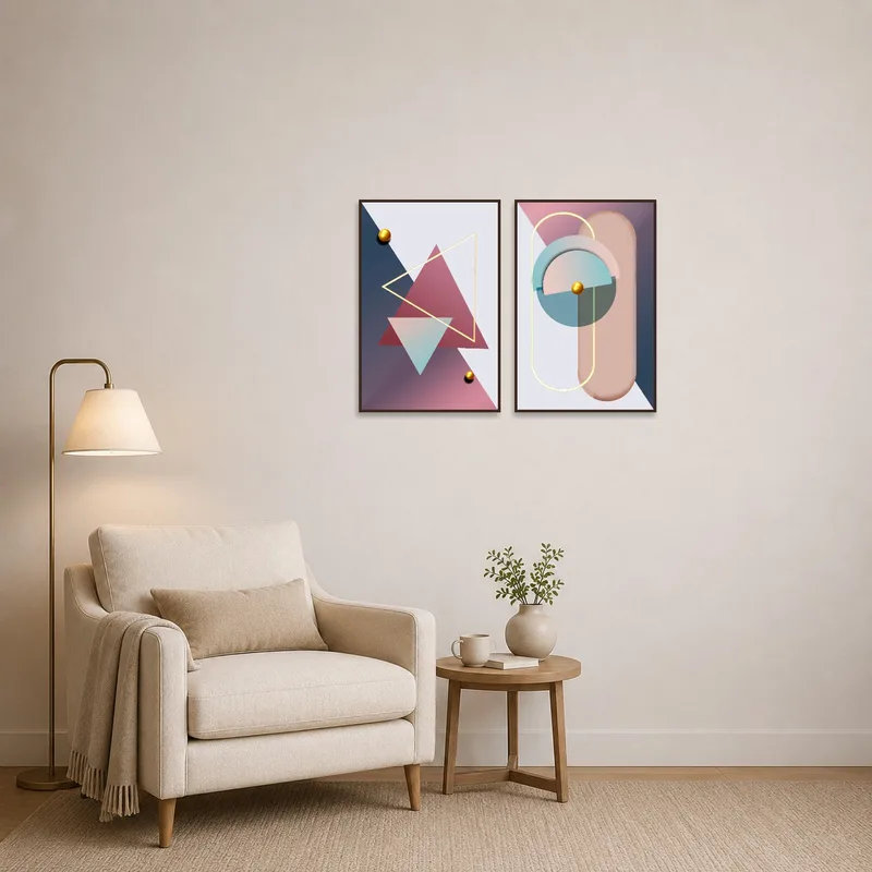 Colorful geometric abstract art adds flair to a cozy reading corner.