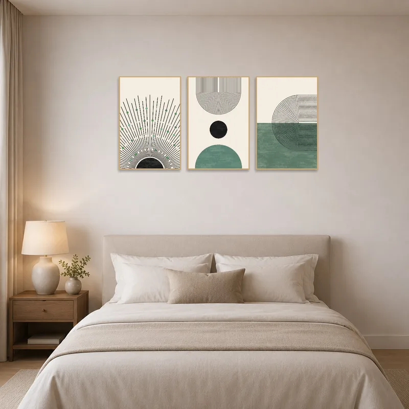 Earthy-toned geometric abstract triptych adding warmth to a bedroom wall.