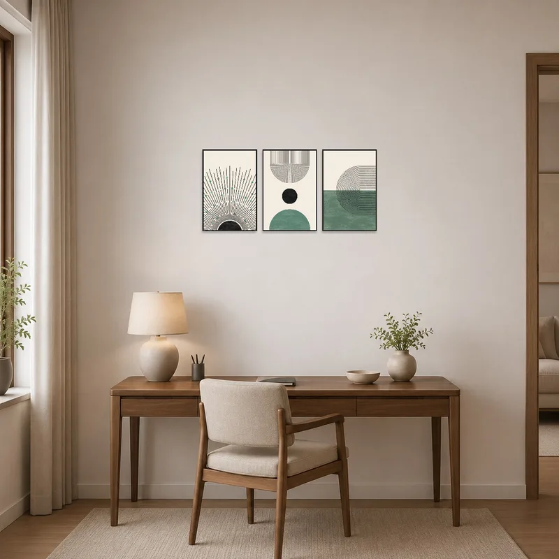 Home office adorned with a geometric abstract triptych in natural earth colors.
