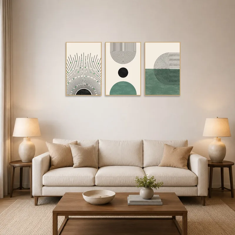 Geometric abstract triptych with earthy tones on a living room wall above a modern sofa.