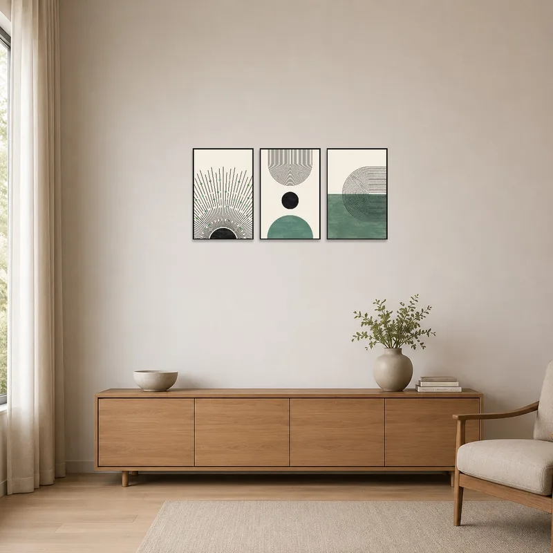 Minimalist room displaying a geometric abstract triptych in warm earthy tones.