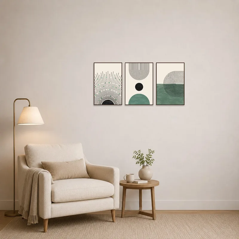Reading corner showcasing a geometric abstract triptych in calming earth tones.