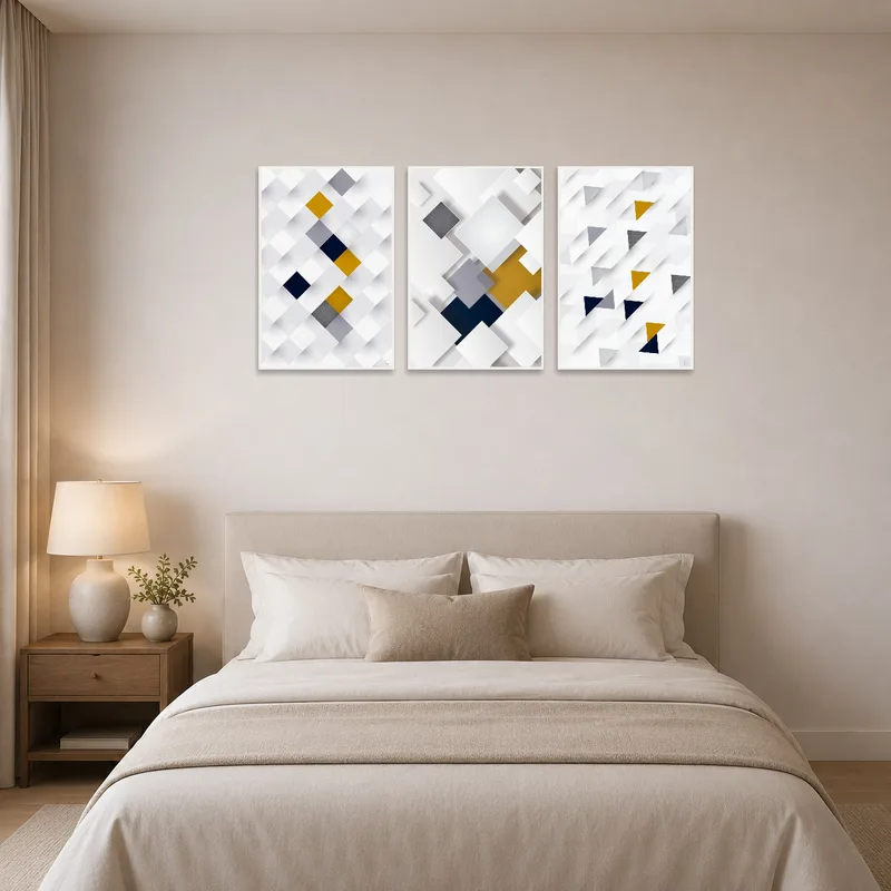 A calming bedroom adorned with a white and gold geometric abstract triptych.