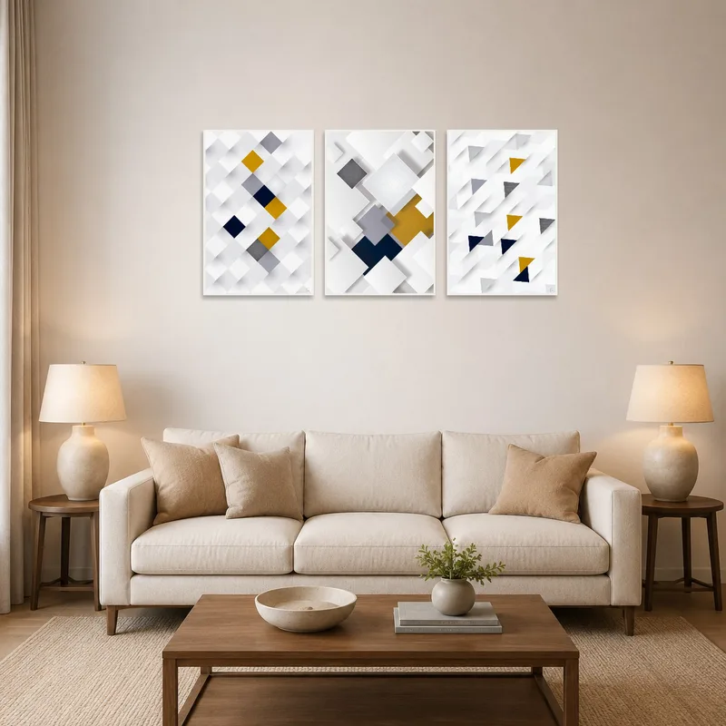 Geometric abstract triptych in white and gold above a modern living room sofa.
