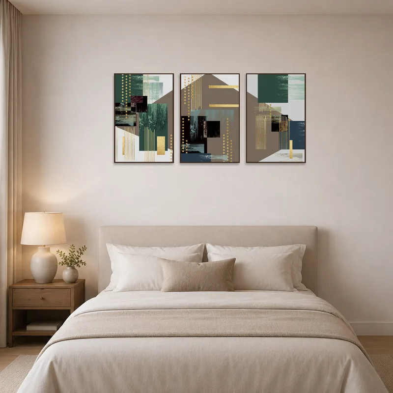 Abstract triptych with gold details as a stylish focal point in a tranquil bedroom setting.