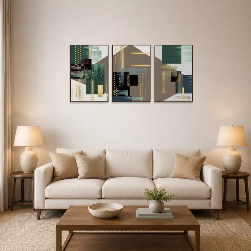 Geometric abstract triptych with gold accents on a living room wall above a modern couch.
