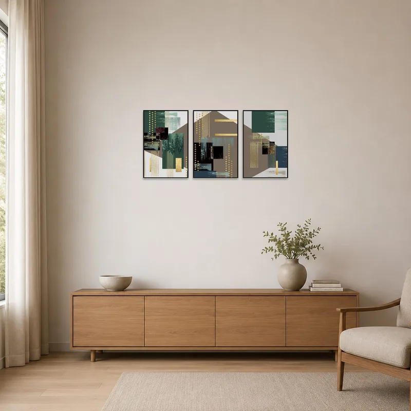 Elegant geometric abstract triptych with gold touches in a minimalist setting for a sleek look.