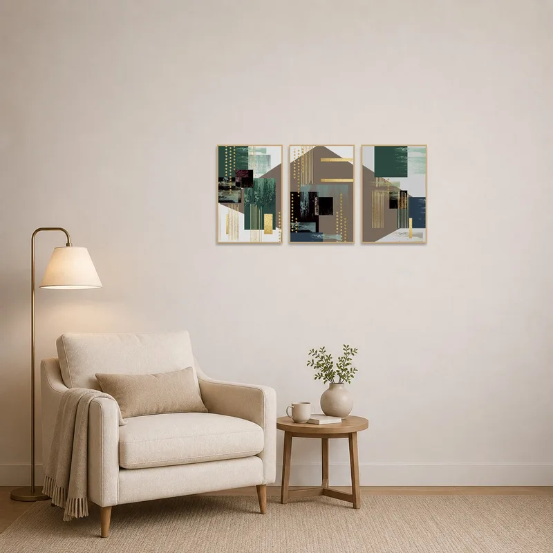 Geometric abstract triptych with gold accents adding visual interest to a cozy reading corner.