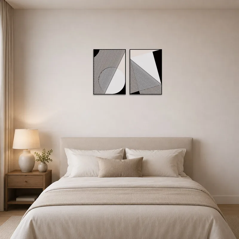 Geometric line art set creating a serene atmosphere in a bedroom.
