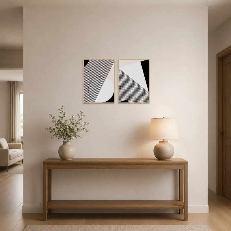 Geometric line art set welcoming guests in a stylish entrance hall.