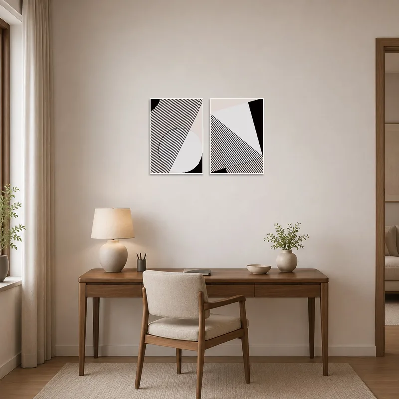 Geometric line art set providing visual interest in a home office space.