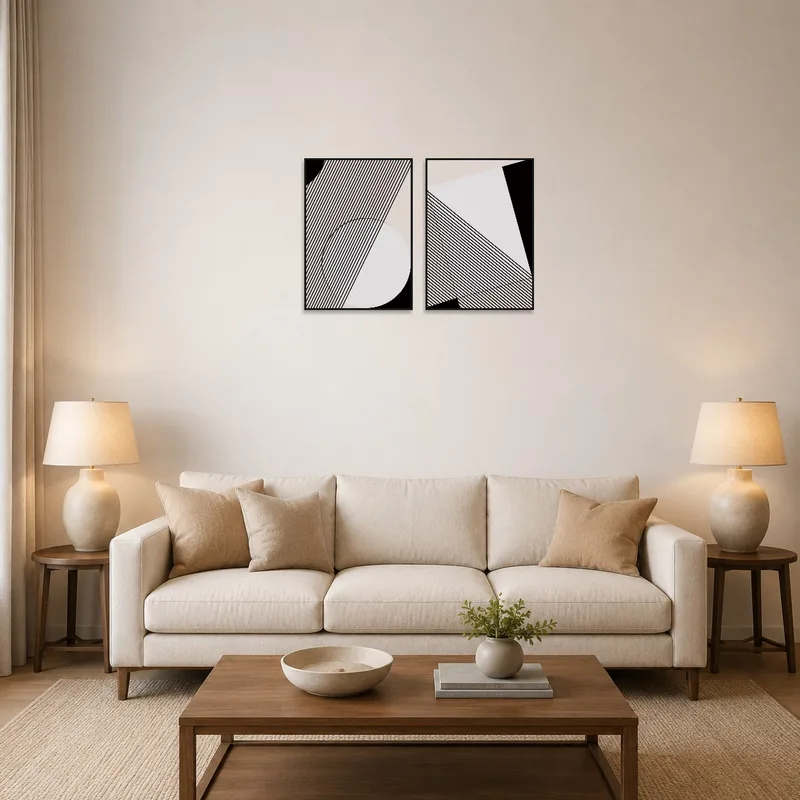 Geometric line art set displayed above a modern sofa in a living room.