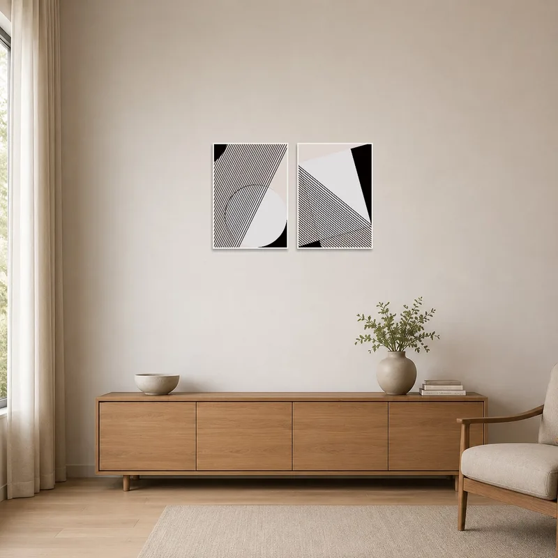 Geometric line art set adding contrast to a minimalist white wall.