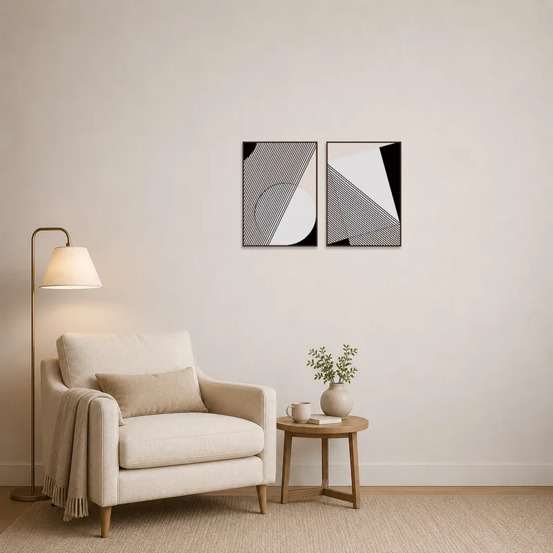 Geometric line art set enhancing the cozy ambiance of a reading corner.
