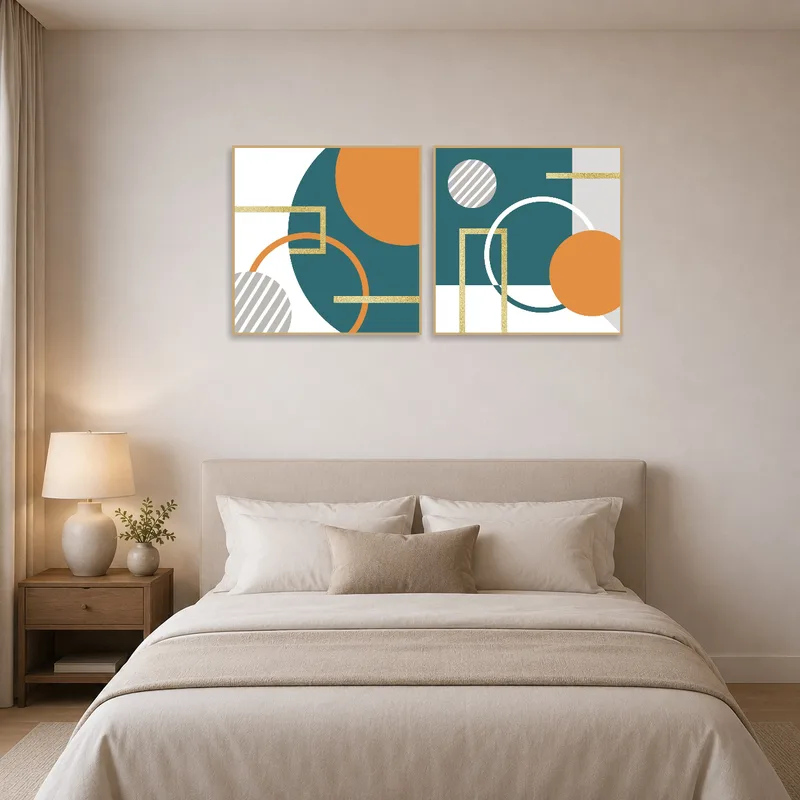 Teal and orange abstract artwork adds vibrancy to a bedroom setting.