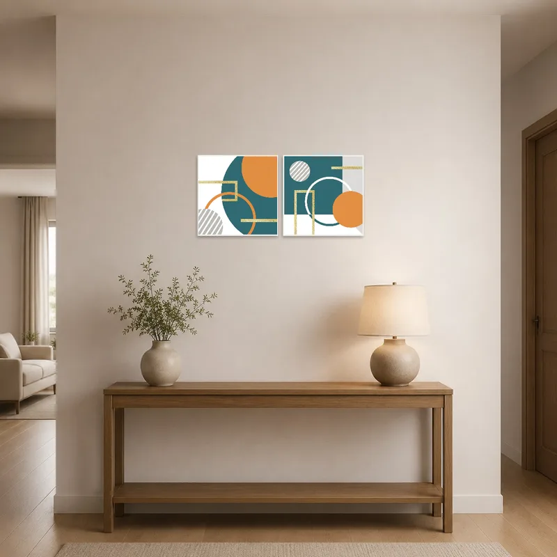 Artwork in teal and orange greets visitors in the entrance hall.
