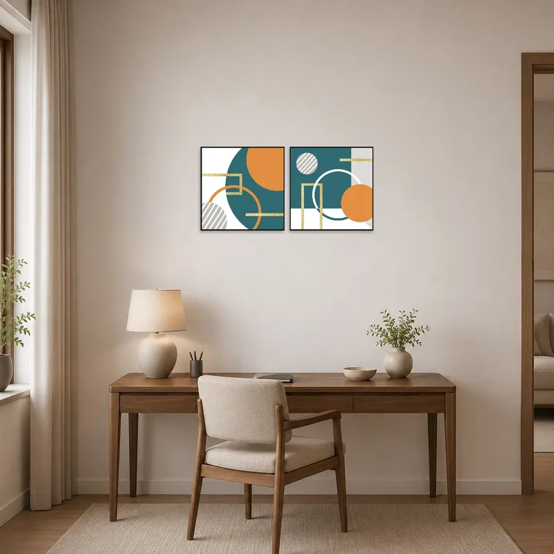 Home office featuring geometric abstract art in teal and orange tones.