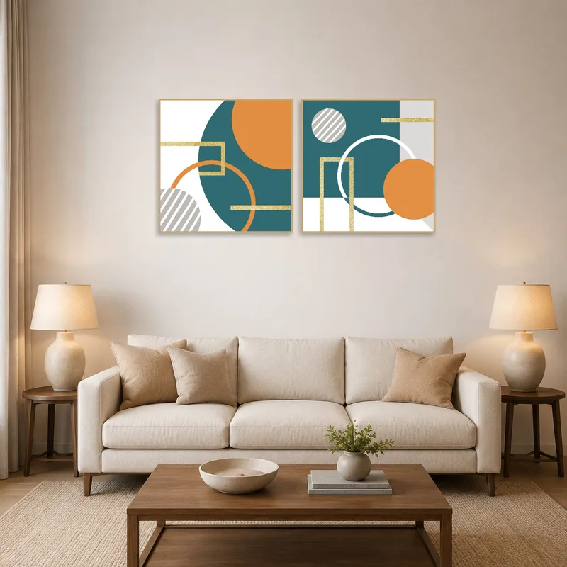 Teal and orange geometric artwork displayed in a cozy living room.