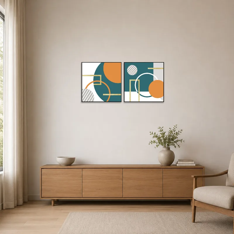 Geometric abstraction art enhances a minimalist room with teal and orange.
