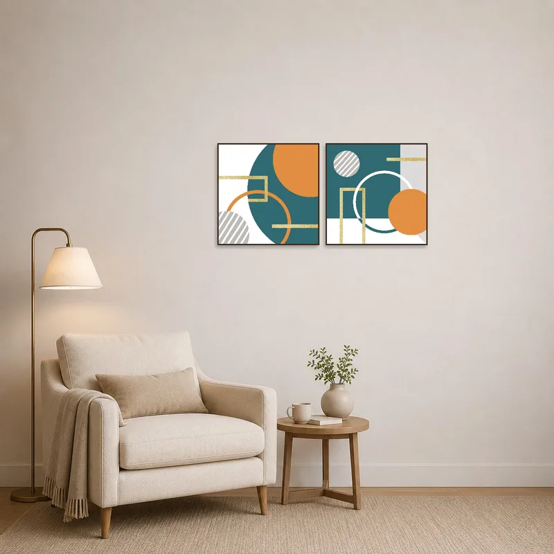 Reading corner adorned with geometric abstract art in teal and orange.