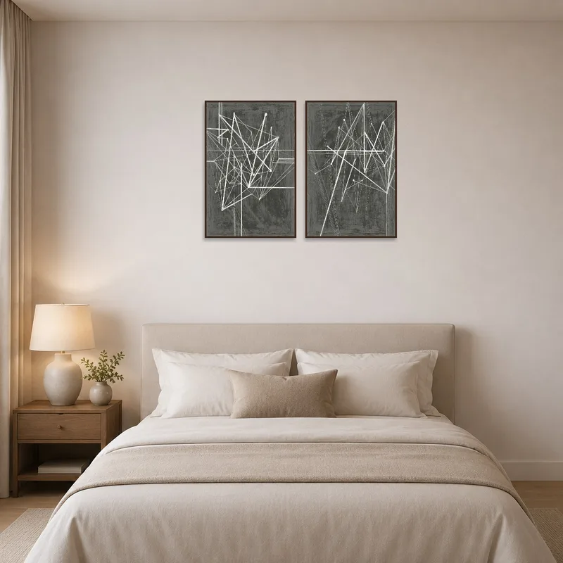 Bedroom nightstand area showcasing abstract geometric set above the bed.