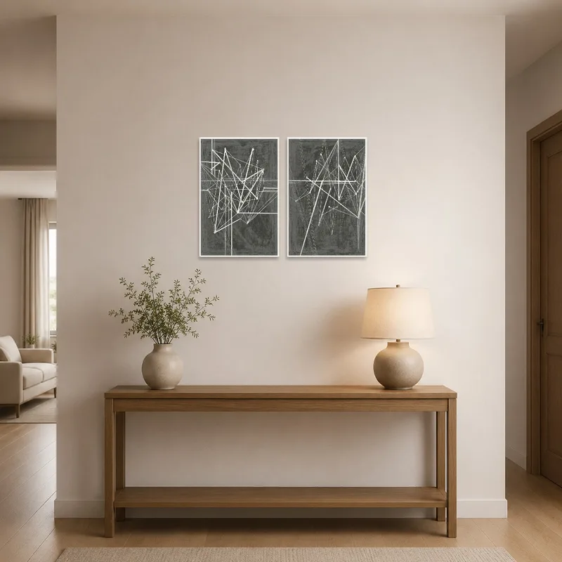 Geometric abstraction displayed in an entrance hall with a small console table.