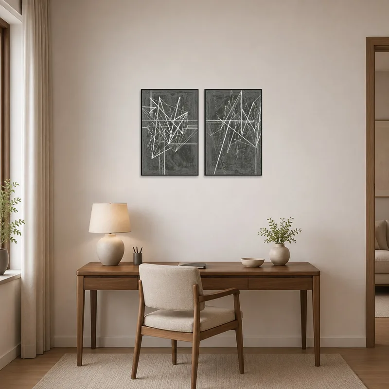 Home office space with geometric abstraction set on the wall beside a work desk.