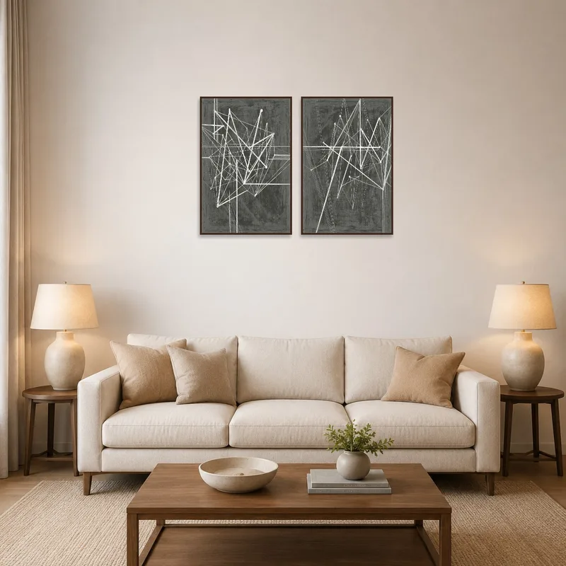 Abstract geometric art on the living room wall with a cozy couch and coffee table.