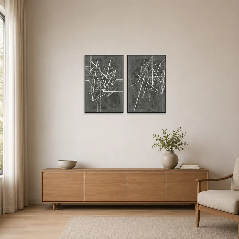 Minimalist wall art featuring geometric patterns in a sleek, uncluttered room.