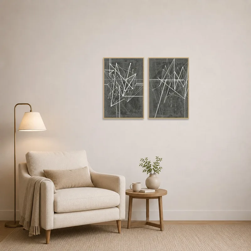 Reading corner wall adorned with abstract interconnected lines, next to a comfortable armchair.