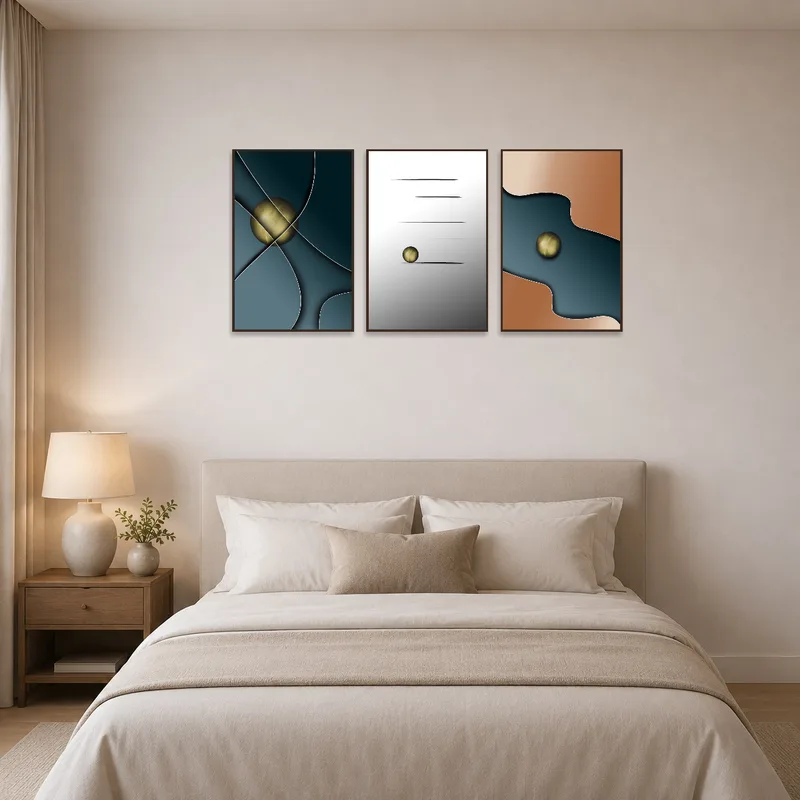 The bedroom features a geometric abstraction triptych in teal and ochre above the headboard.