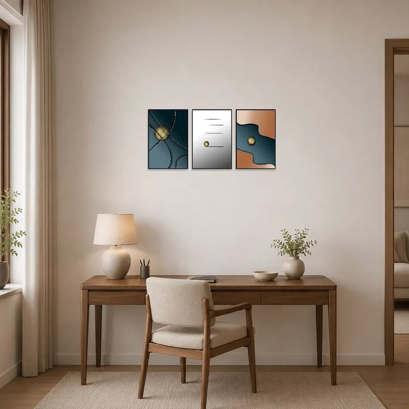 Geometric abstraction triptych enriches the ambiance of a creative home office space.