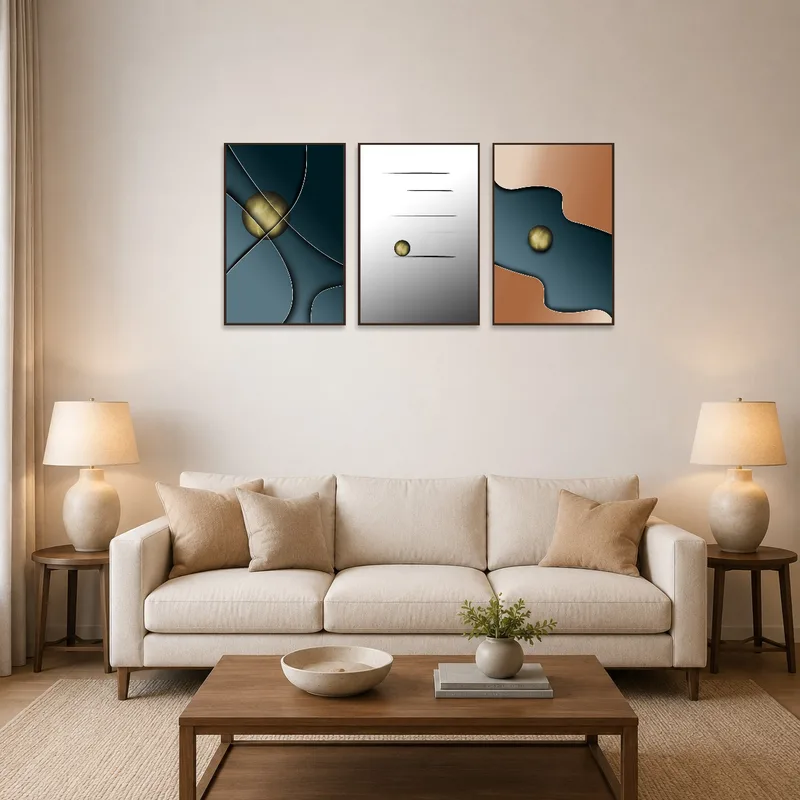 A triptych of geometric abstraction in teal and ochre displayed above a modern sofa in the living room.
