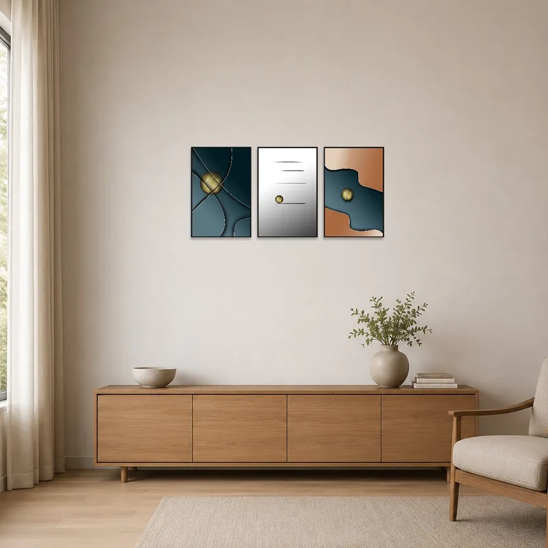 Teal and ochre geometric abstraction triptych enhancing a sleek, minimalist room with white walls.